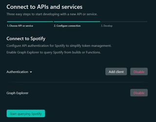 A screenshot of the Connect to APIs and services screen for connecting a Netlify site to the Spotify API. The screenshot has options for connecting to Spotify that are: 'Configure API authentication for Spotify to simplify token management' and 'Enable Graph Explorer to query Spotify from builds or Functions'.